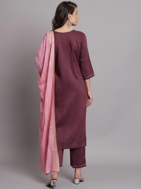 VP 9438 P Plum Grace Cotton Silk Blend Kurta Set with Blush Dupatta